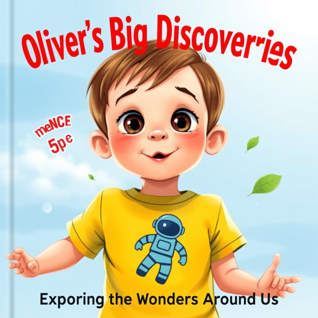 Create a book cover featuring a 5-year-old boy named Oliver, shown from the waist up