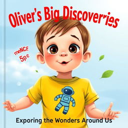 Create a book cover featuring a 5-year-old boy named Oliver, shown from the waist up