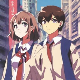 Create an anime-style cover showing a highschool man and woman standing on opposite sides of a city with huge contrast colors