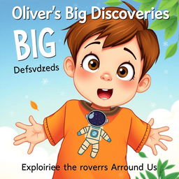 Create a book cover featuring a 5-year-old boy named Oliver, shown from the waist up