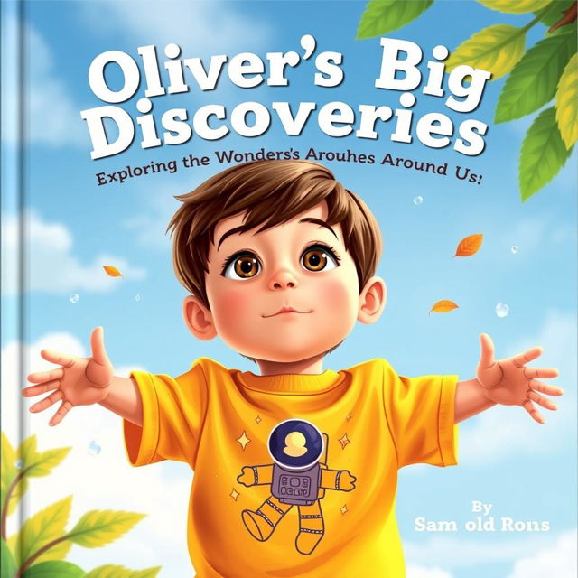 Create a book cover featuring a 5-year-old boy named Oliver, shown from the waist up