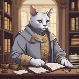 A detailed illustration of a light gray Tabaxi accountant in a fantasy setting