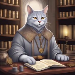 A detailed illustration of a light gray Tabaxi accountant in a fantasy setting