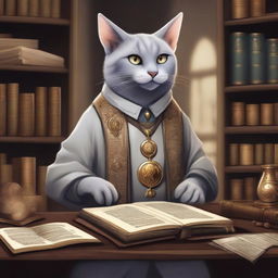 A detailed illustration of a light gray Tabaxi accountant in a fantasy setting