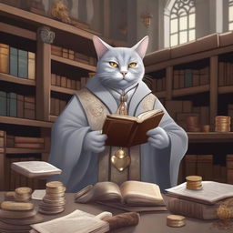 A detailed illustration of a light gray Tabaxi accountant in a fantasy setting