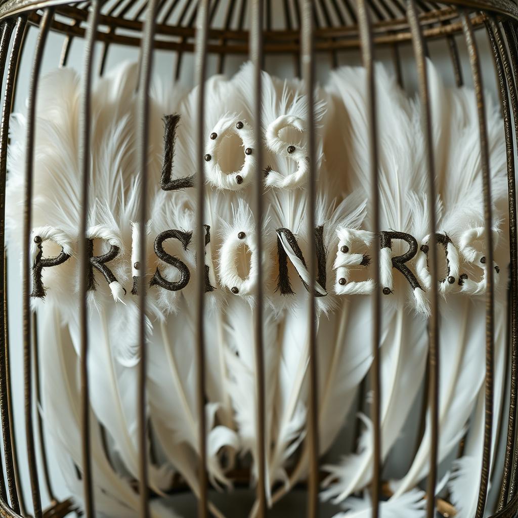 The text 'LOS PRISIONEROS' written with feathers, enclosed in a cage