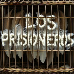 The text 'LOS PRISIONEROS' written with feathers, enclosed in a cage