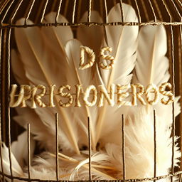 The text 'LOS PRISIONEROS' written with feathers, enclosed in a cage