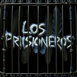 The text 'LOS PRISIONEROS' written with feathers, enclosed in a cage