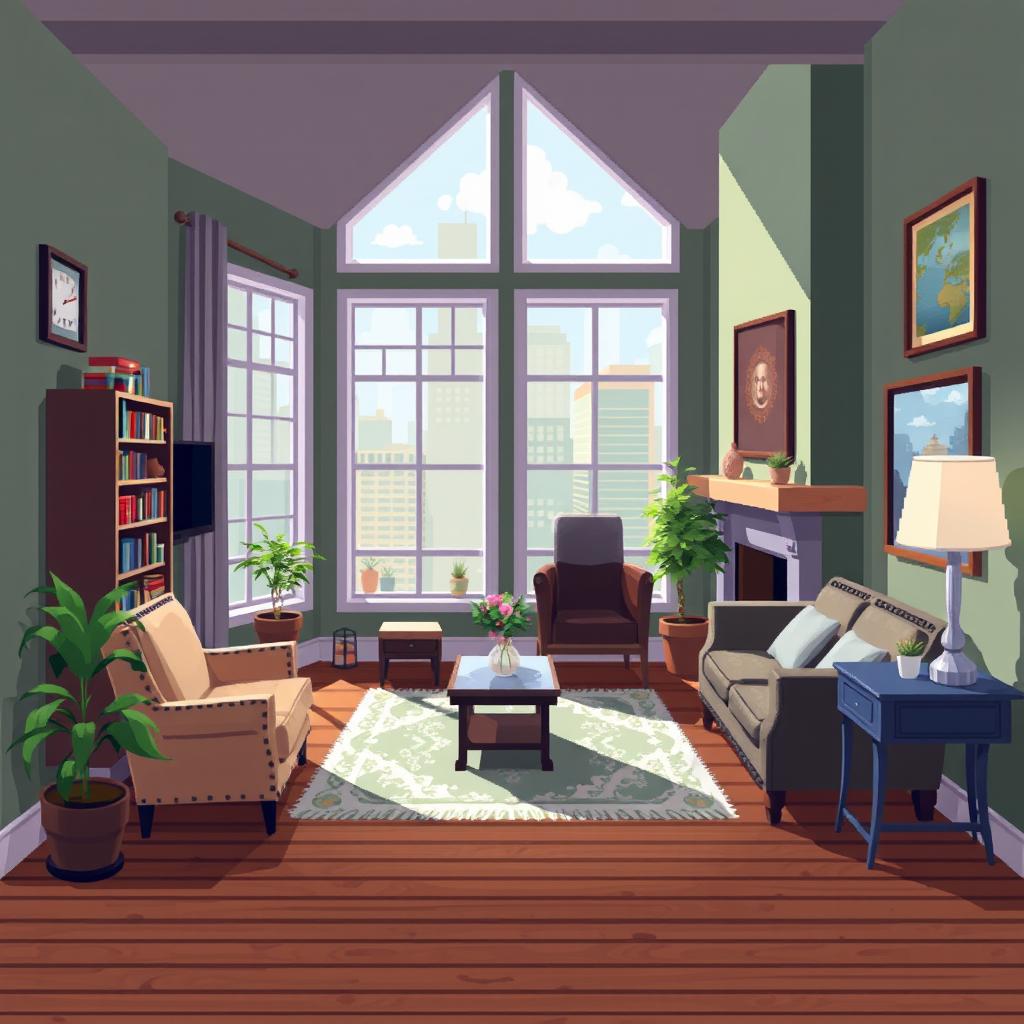 Create a pixel art scene of a room in a house in Chicago