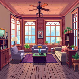 Create a pixel art scene of a room in a house in Chicago