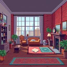 Create a pixel art scene of a room in a house in Chicago