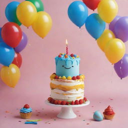 An adorably illustrated scene of a happy oil drop festively celebrating its own birthday with cake and balloons.