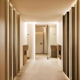 A modern interior design of a hallway leading into a room, with two adjacent washrooms.