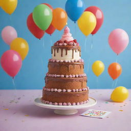 An adorably illustrated scene of a happy oil drop festively celebrating its own birthday with cake and balloons.