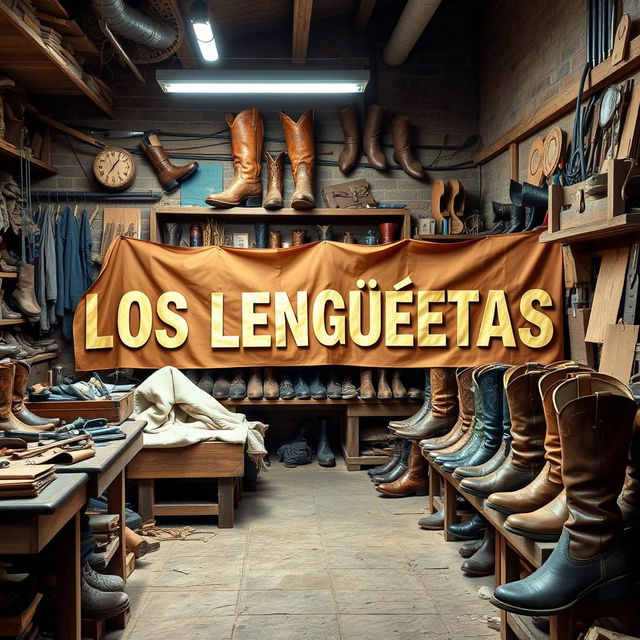 The text 'LOS LENGÜETAS' written in a boot workshop