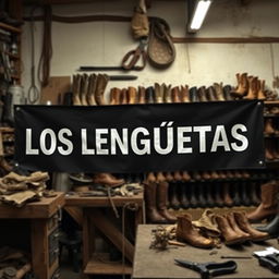 The text 'LOS LENGÜETAS' written in a boot workshop