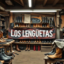 The text 'LOS LENGÜETAS' written in a boot workshop