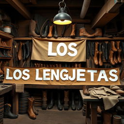 The text 'LOS LENGÜETAS' written in a boot workshop