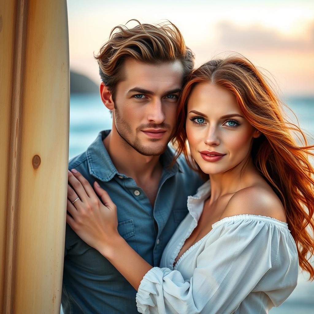 Create a romantic book cover featuring a 26-year-old man with brown hair and blue eyes