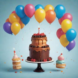 An adorably illustrated scene of a happy oil drop festively celebrating its own birthday with cake and balloons.