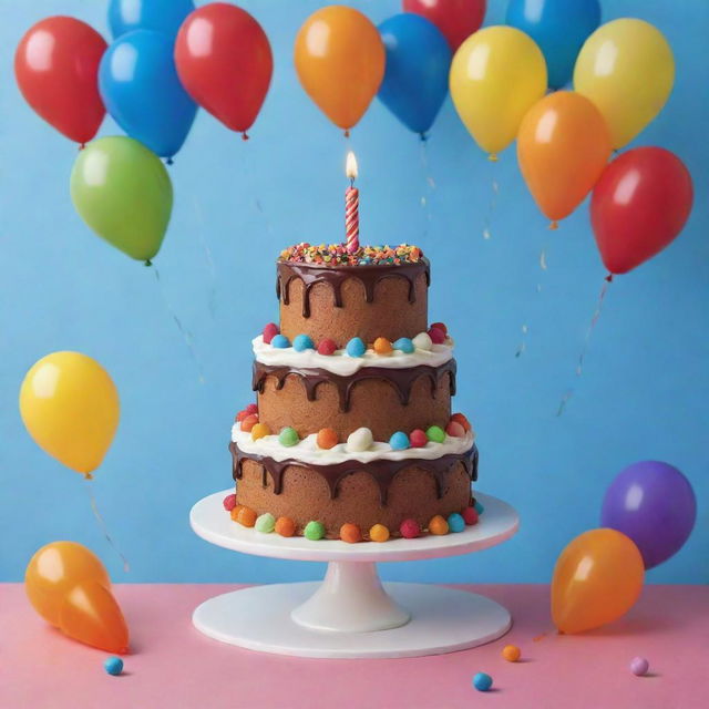 An adorably illustrated scene of a happy oil drop festively celebrating its own birthday with cake and balloons.