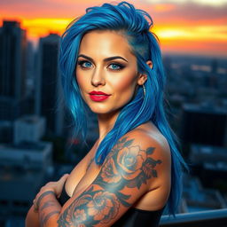 Create an image of an adult woman with blue hair and tattoos on her arm