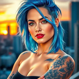 Create an image of an adult woman with blue hair and tattoos on her arm