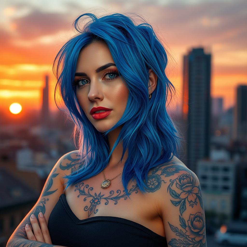 Create an image of an adult woman with blue hair and tattoos on her arm