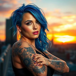 Create an image of an adult woman with blue hair and tattoos on her arm