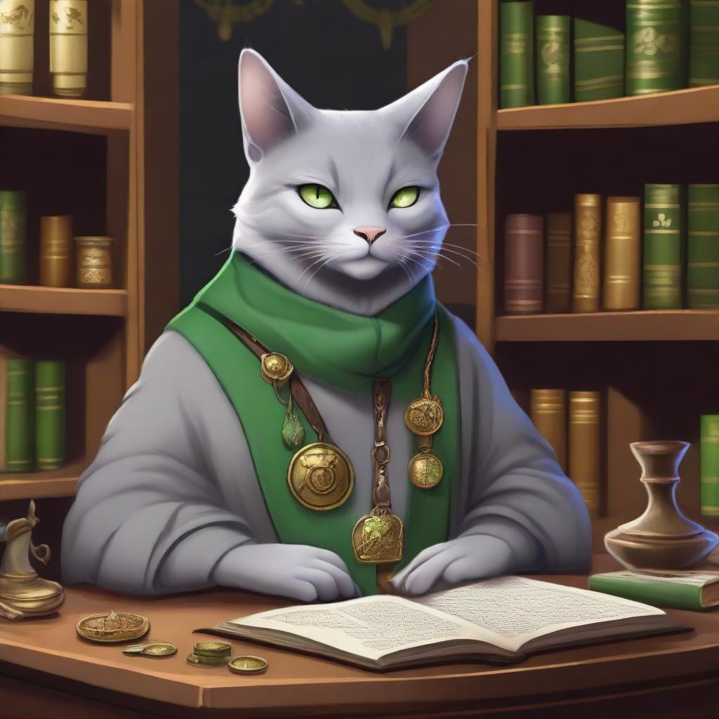 A detailed illustration of a light gray Tabaxi accountant with green eyes in a fantasy setting