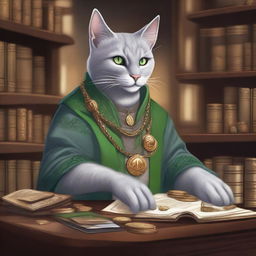 A detailed illustration of a light gray Tabaxi accountant with green eyes in a fantasy setting