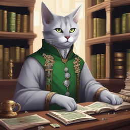 A detailed illustration of a light gray Tabaxi accountant with green eyes in a fantasy setting