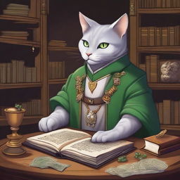 A detailed illustration of a light gray Tabaxi accountant with green eyes in a fantasy setting