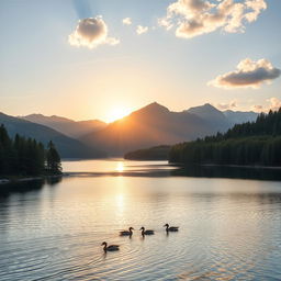 A beautiful landscape featuring a serene lake surrounded by lush forests and mountains in the background