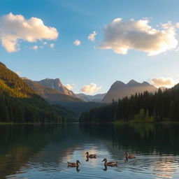 A beautiful landscape featuring a serene lake surrounded by lush forests and mountains in the background