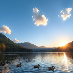 A beautiful landscape featuring a serene lake surrounded by lush forests and mountains in the background