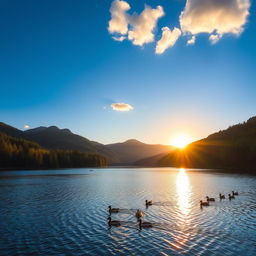 A beautiful landscape featuring a serene lake surrounded by lush forests and mountains in the background