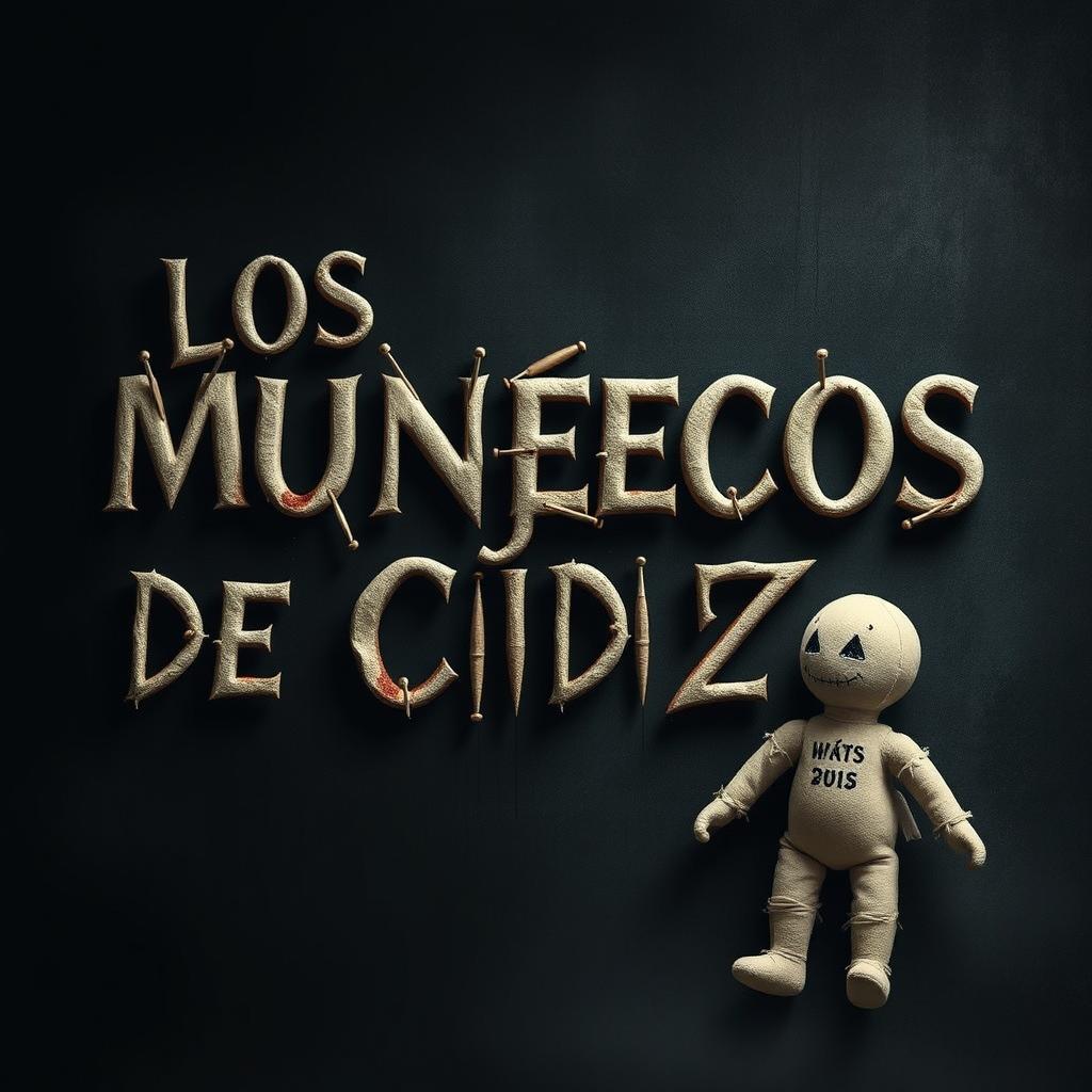 Create an image featuring the text 'LOS MUÑECOS DE CÁDIZ' with needles stuck into the letters