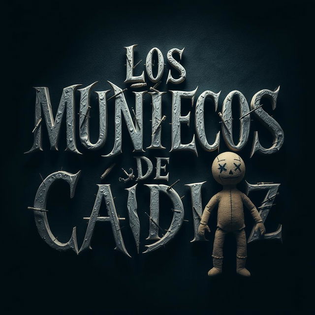 Create an image featuring the text 'LOS MUÑECOS DE CÁDIZ' with needles stuck into the letters