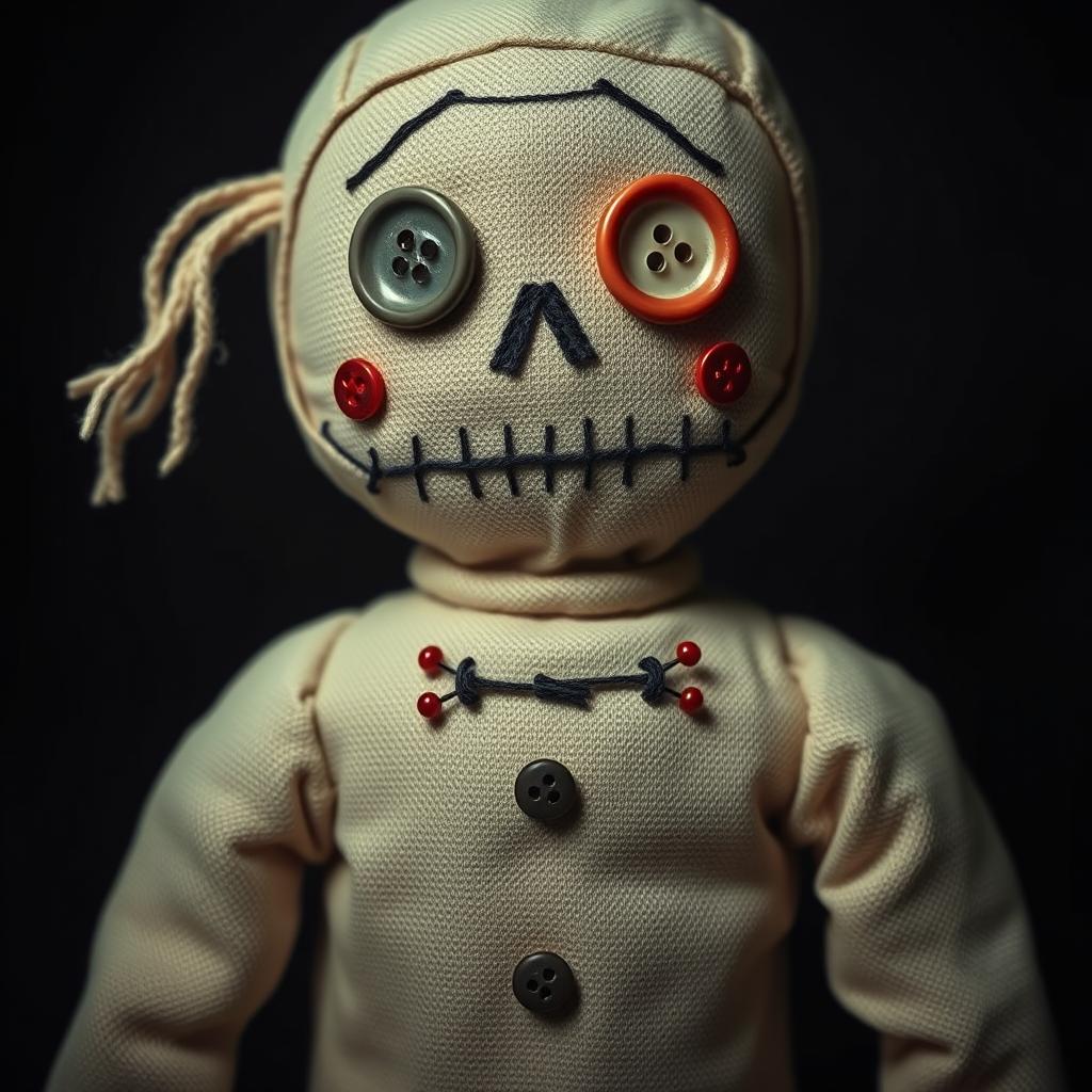 Create an image of a voodoo doll with buttons for eyes