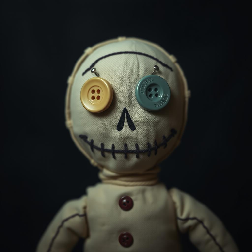 Create an image of a voodoo doll with buttons for eyes