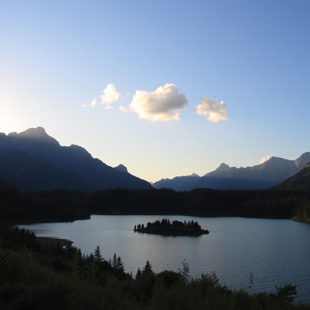 A serene landscape featuring a tranquil lake surrounded by lush greenery and tall mountains in the background