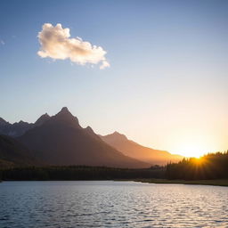 A serene landscape featuring a tranquil lake surrounded by lush greenery and tall mountains in the background