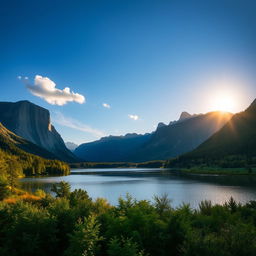 A serene landscape featuring a tranquil lake surrounded by lush greenery and tall mountains in the background