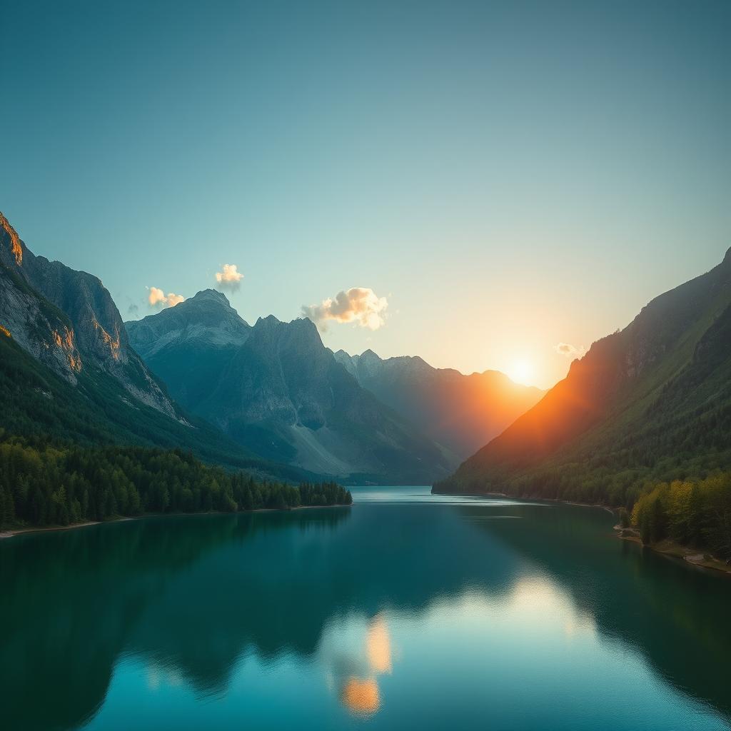 A serene landscape featuring a tranquil lake surrounded by lush greenery and tall mountains in the background