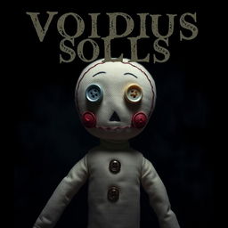 Create an image featuring a voodoo doll with buttons for eyes positioned at the bottom of the picture