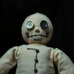 Create an image featuring a voodoo doll with buttons for eyes positioned at the bottom of the picture