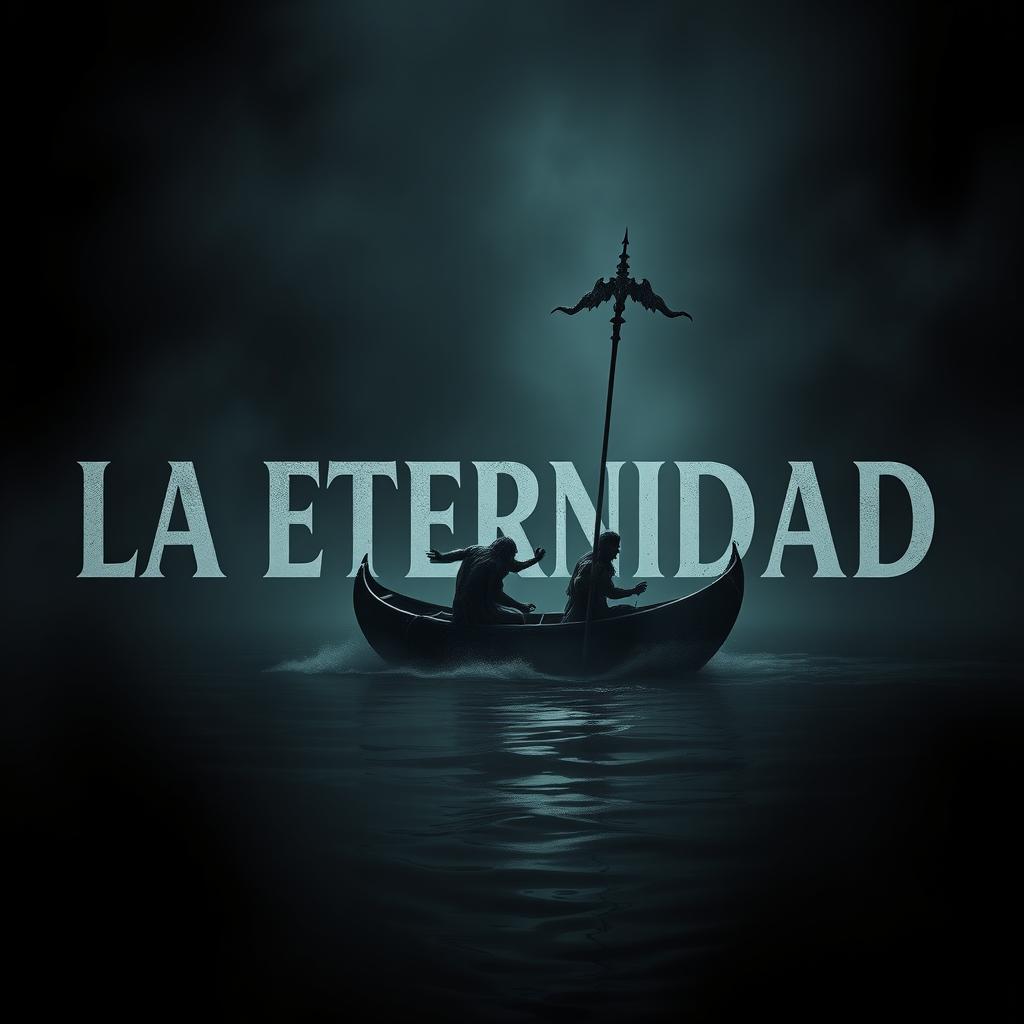 Create an image featuring the text 'LA ETERNIDAD' with Charon in his boat