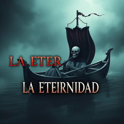 Create an image featuring the text 'LA ETERNIDAD' with Charon depicted as a skull in his boat